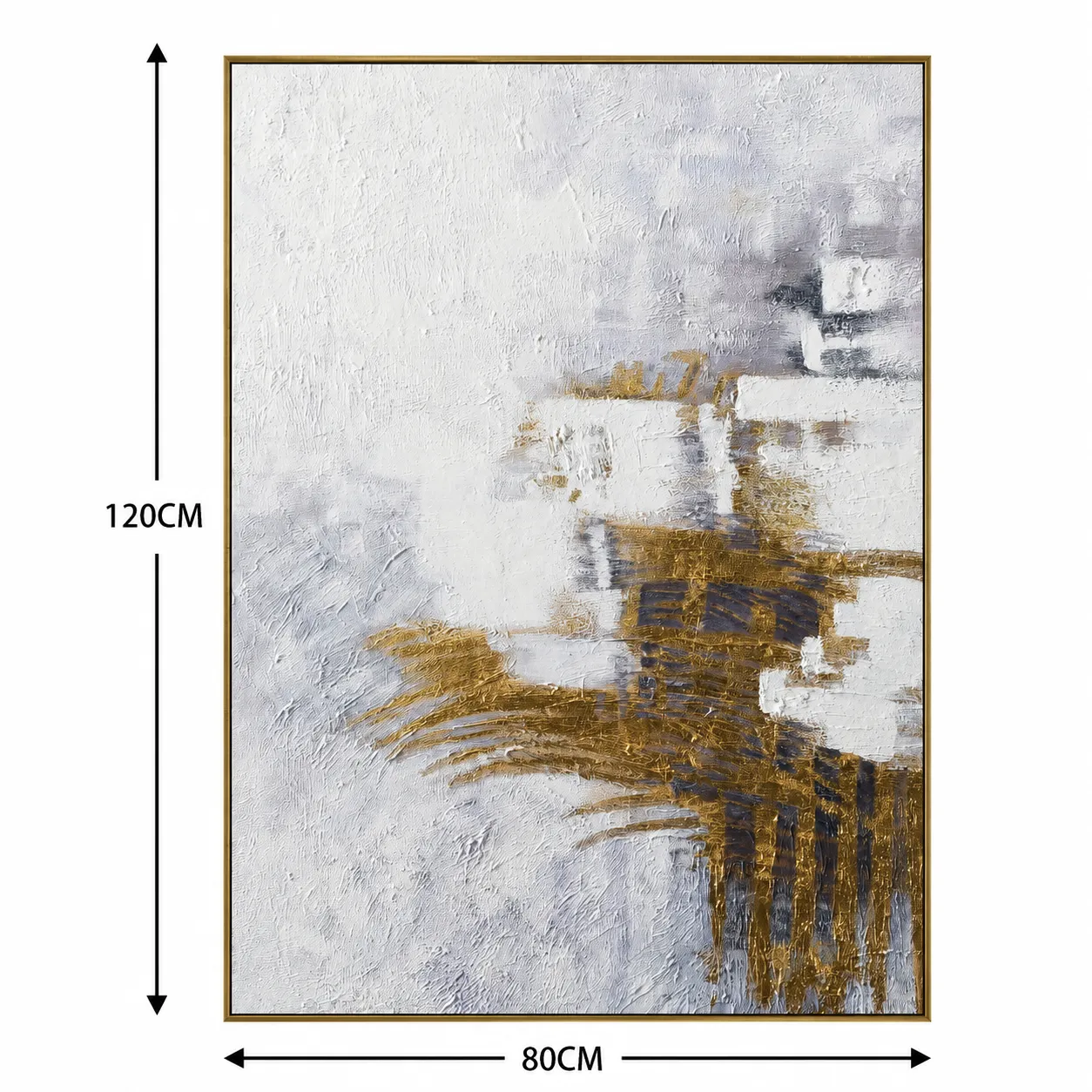 Cuadro abstracto pinceladas doradas, pintura de óleo hecho a mano, Gris claro (80*120cm)