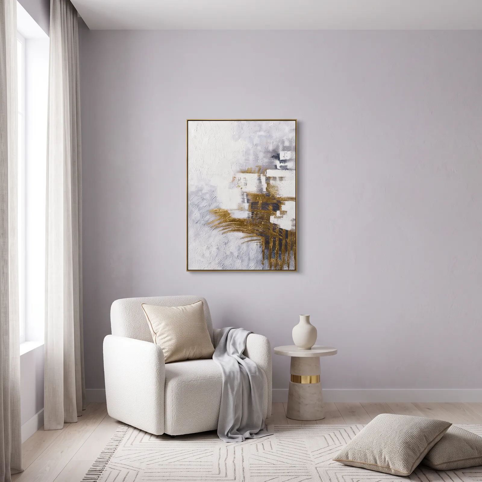 Cuadro abstracto pinceladas doradas, pintura de óleo hecho a mano, Gris claro (80*120cm)
