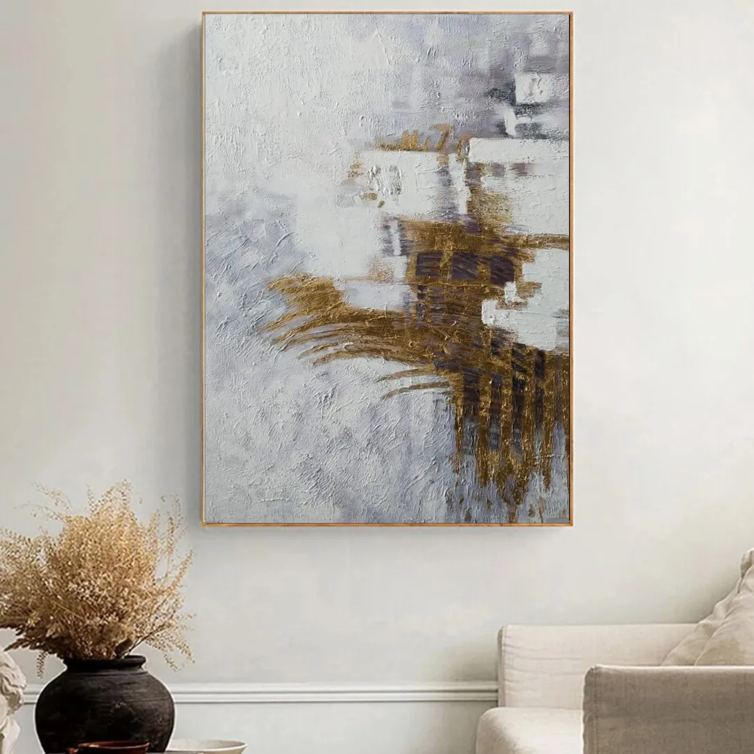 Cuadro abstracto pinceladas doradas, pintura de óleo hecho a mano, Gris claro (80*120cm)