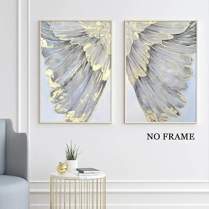 Cuadro díptico alas, pintura de óleo hecho a mano, Azul y dorado (80*120cm, 2 pcs)