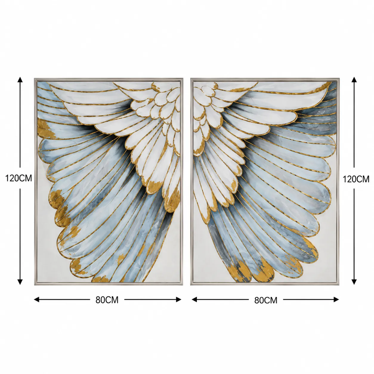 Cuadro díptico alas, pintura de óleo hecho a mano, Azul y dorado (80*120cm, 2 pcs)