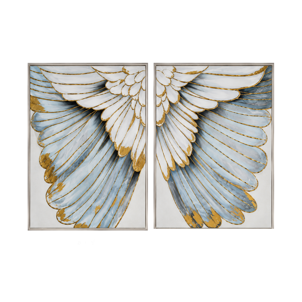Cuadro díptico alas, pintura de óleo hecho a mano, Azul y dorado (80*120cm, 2 pcs)