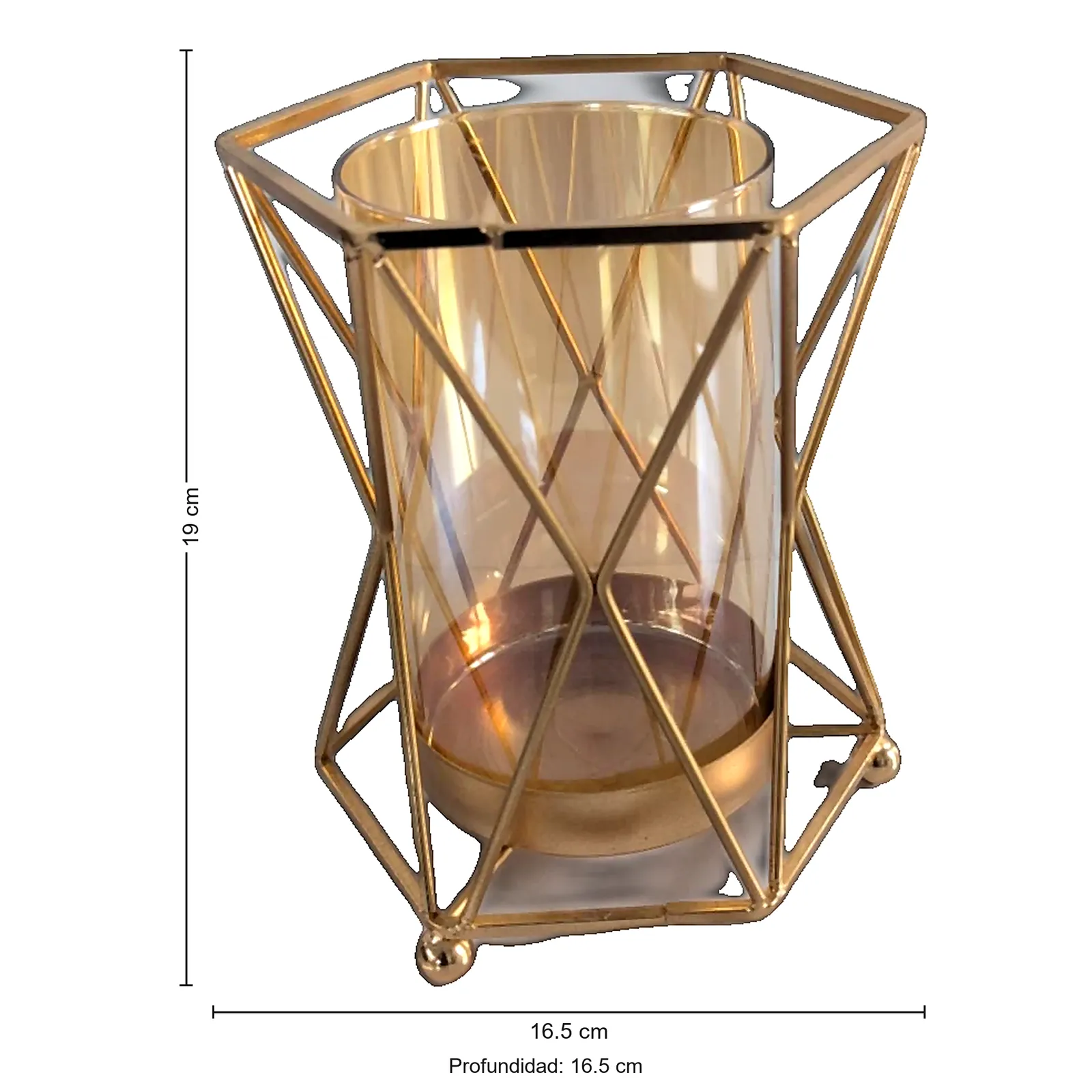 Jarrón jaula de metal con base de cristal, Dorado (16.5*16.5*19cm)