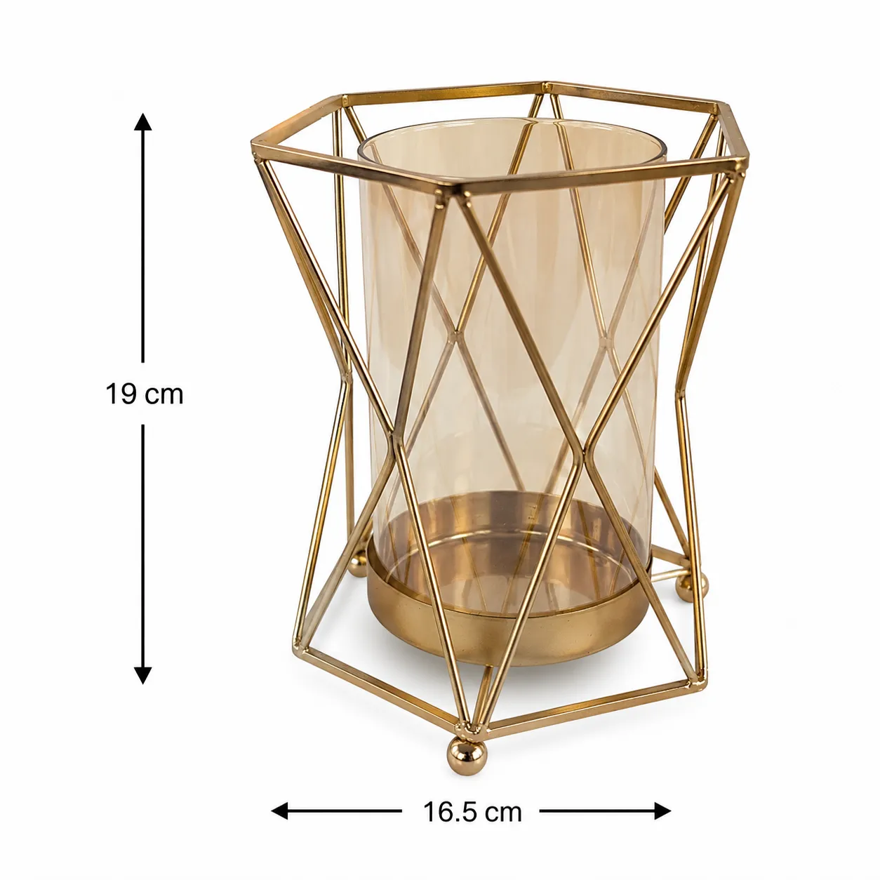 Jarrón jaula de metal con base de cristal, Dorado (16.5*16.5*19cm)