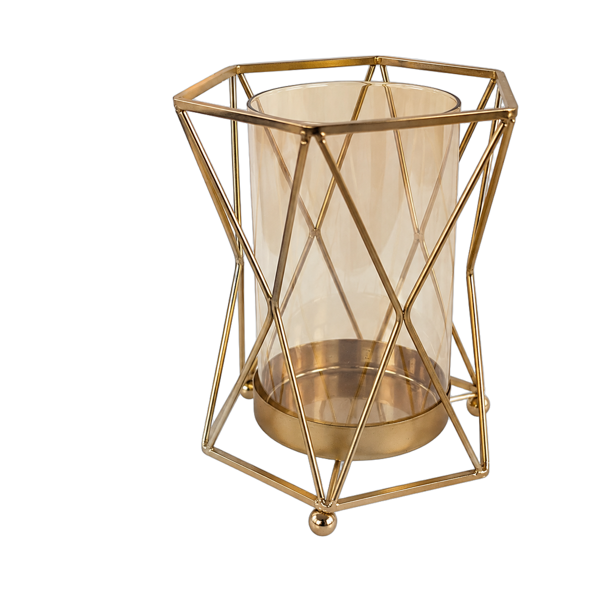 Jarrón jaula de metal con base de cristal, Dorado (16.5*16.5*19cm)