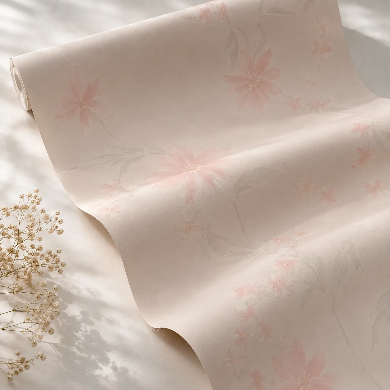 Papel tapiz floral delicado, Beige y rosado (053*10M)