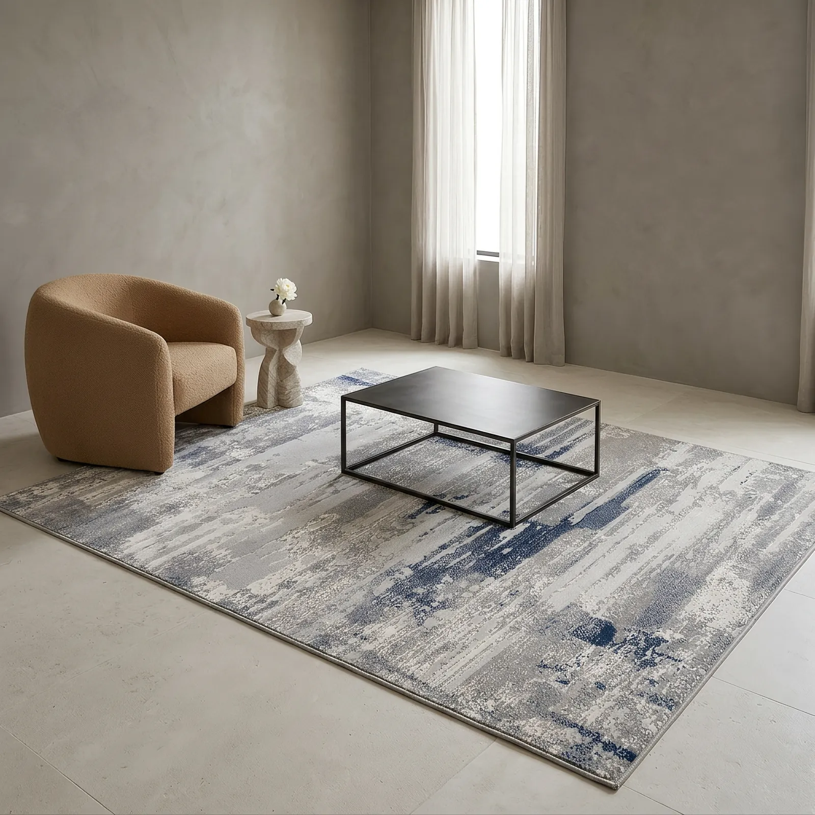 Alfombra abstracta Ireland, Gris y azul, grosor 2 cm, reverso de yute (160*230cm)
