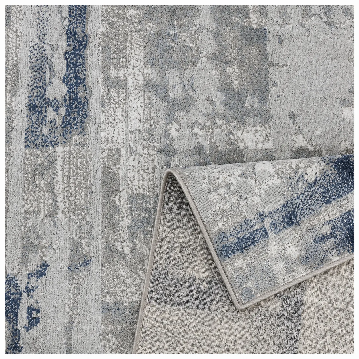 Alfombra abstracta Ireland, Gris y azul, grosor 2 cm, reverso de yute (160*230cm)