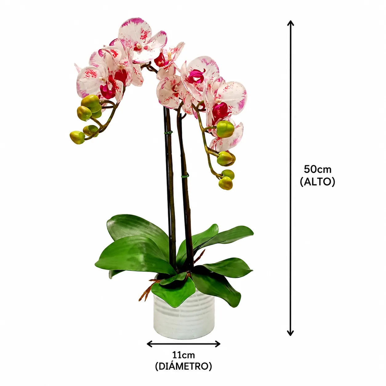 Orquídea artificial real al tacto color jaspeado 1 en maceta redonda blanca de cerámica (11*50cm)