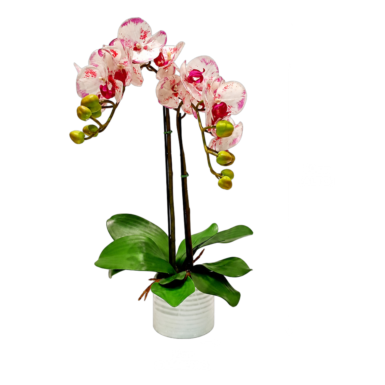 Orquídea artificial real al tacto color jaspeado 1 en maceta redonda blanca de cerámica (11*50cm)