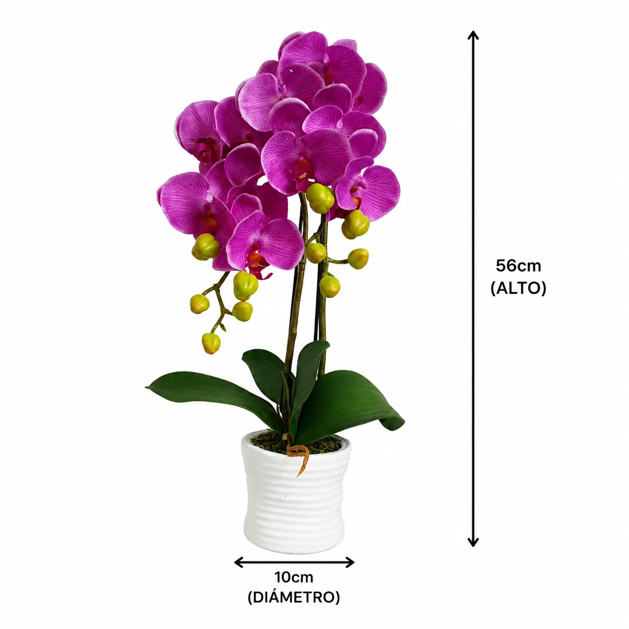 Orquídea artificial real al tacto color lila en maceta redonda blanca de cerámica (10*56cm)