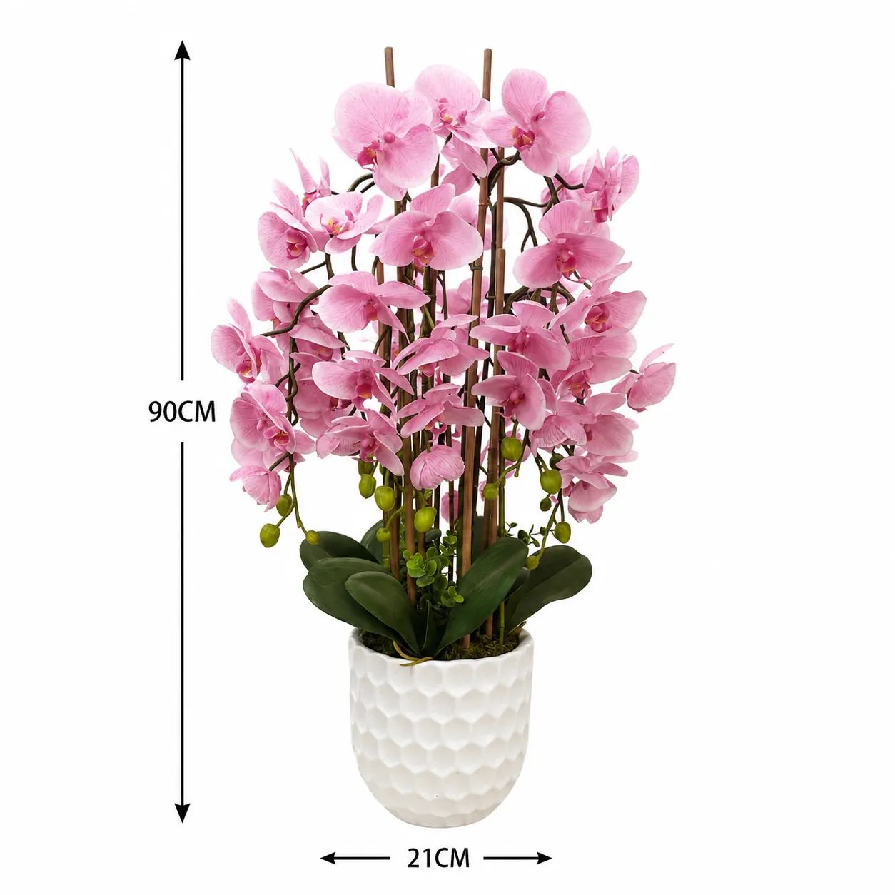 Orquídea artificial real al tacto color rosado en maceta redonda blanca de cerámica (21*90cm)