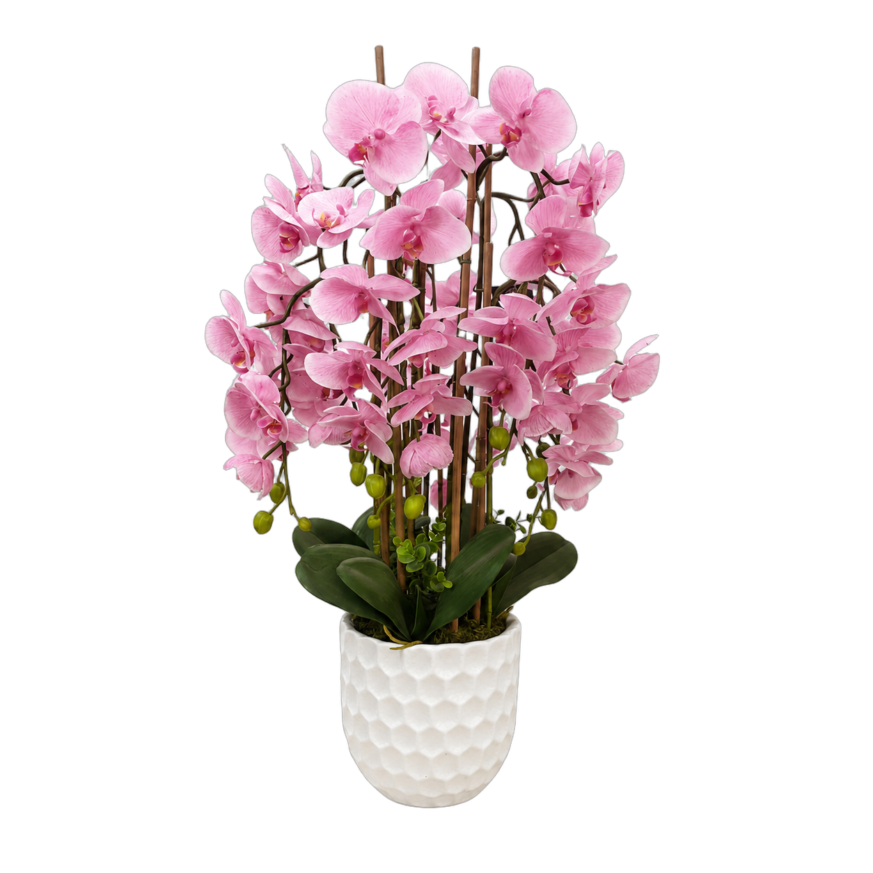Orquídea artificial real al tacto color rosado en maceta redonda blanca de cerámica (21*90cm)