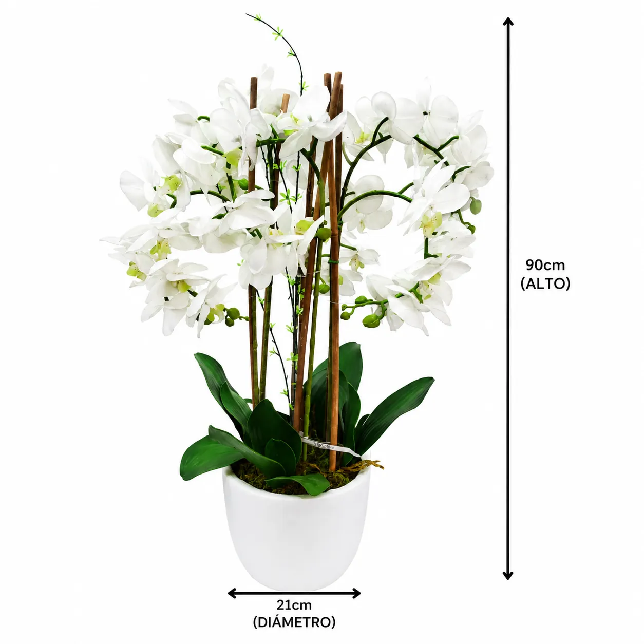 Orquídea artificial real al tacto color blanca en maceta redonda blanca de cerámica (21*90cm)