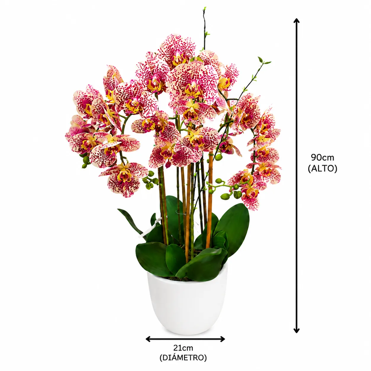 Orquídea artificial real al tacto color jaspeado 1 en maceta redonda blanca de cerámica (21*90cm)
