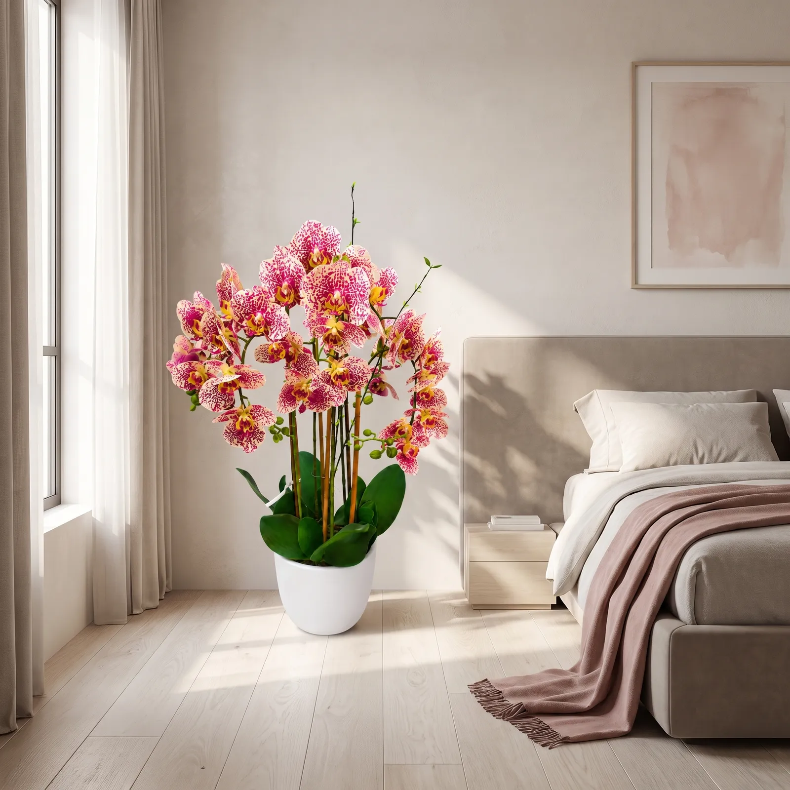 Orquídea artificial real al tacto color jaspeado 1 en maceta redonda blanca de cerámica (21*90cm)