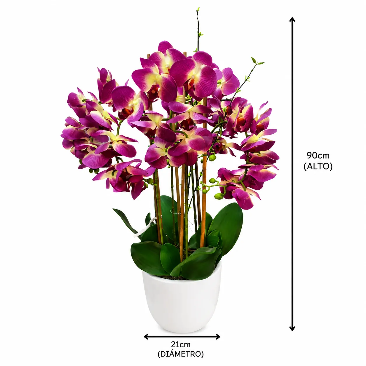 Orquídea artificial real al tacto color morado con centro verde en maceta redonda blanca de cerámica (21*90cm)