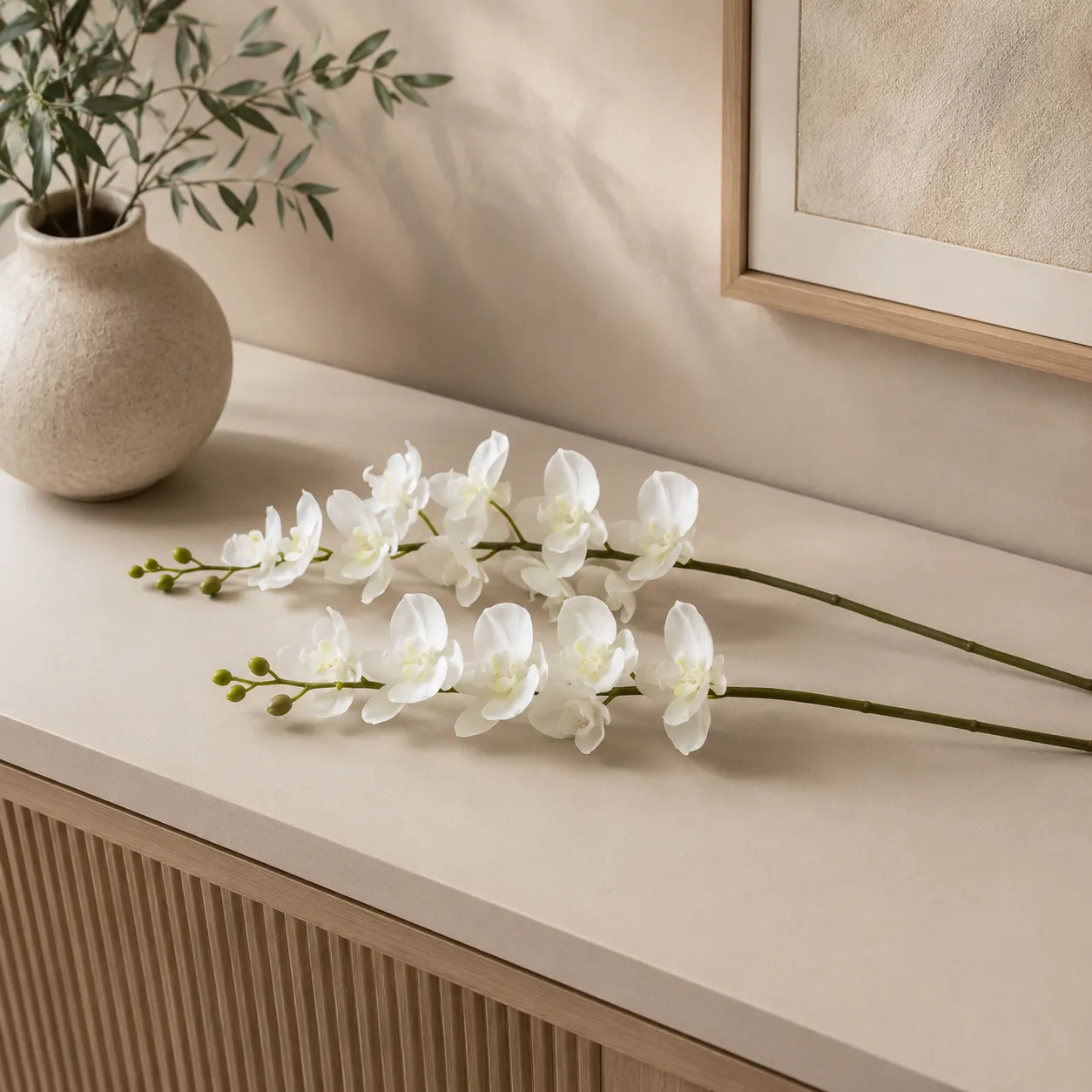 Ramo individual de orquídea artificial real al tacto blanco (108cm)