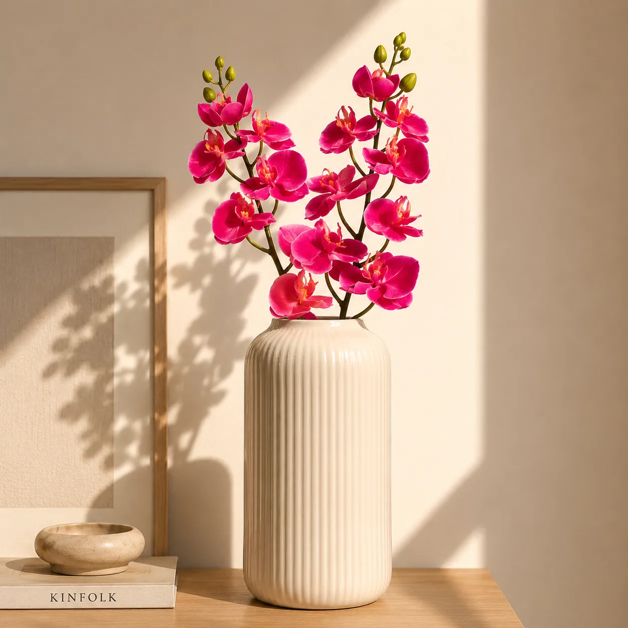 Ramo individual de orquídea artificial real al tacto fucsia (108cm)
