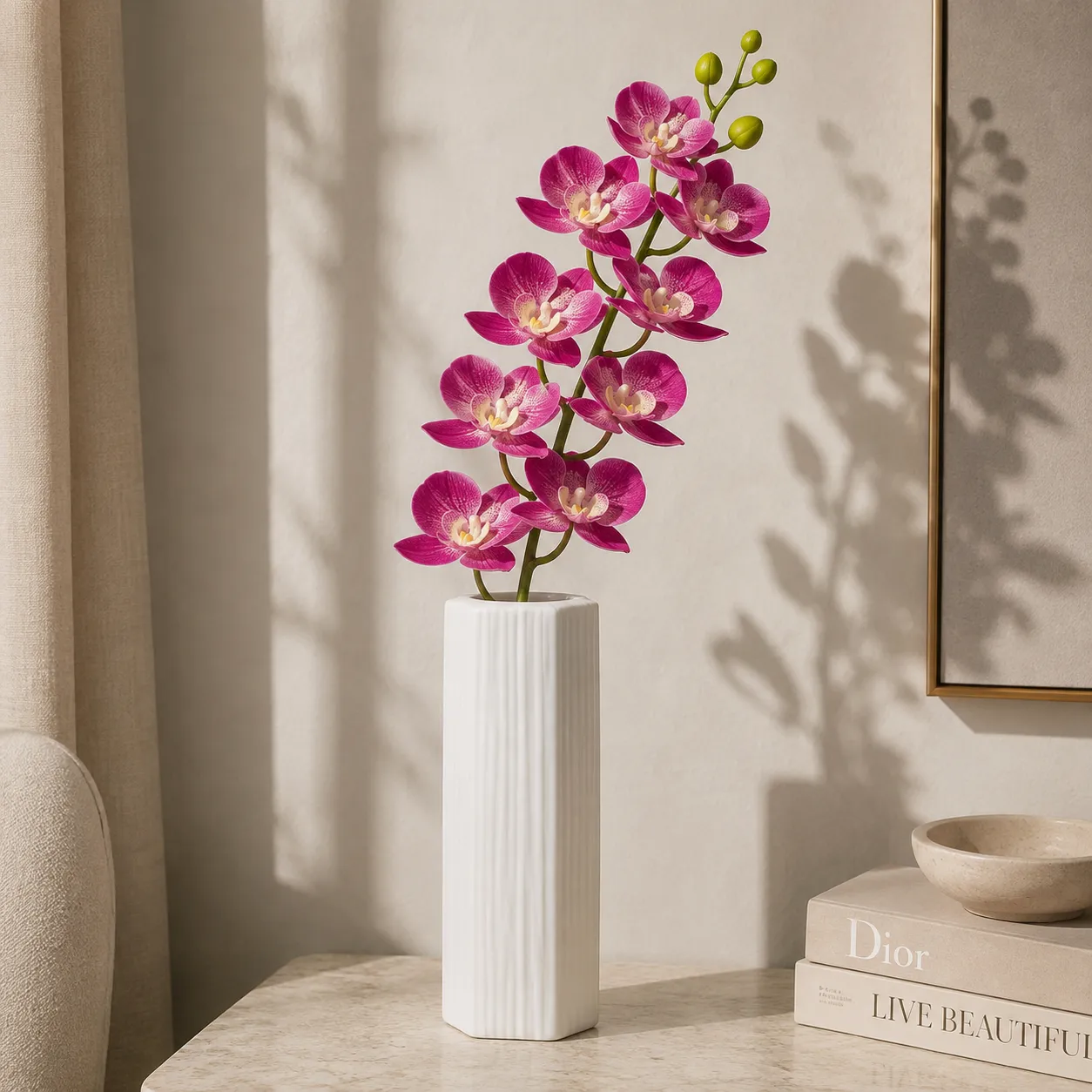 Ramo individual de orquídea artificial real al tacto lila con verde (108cm)