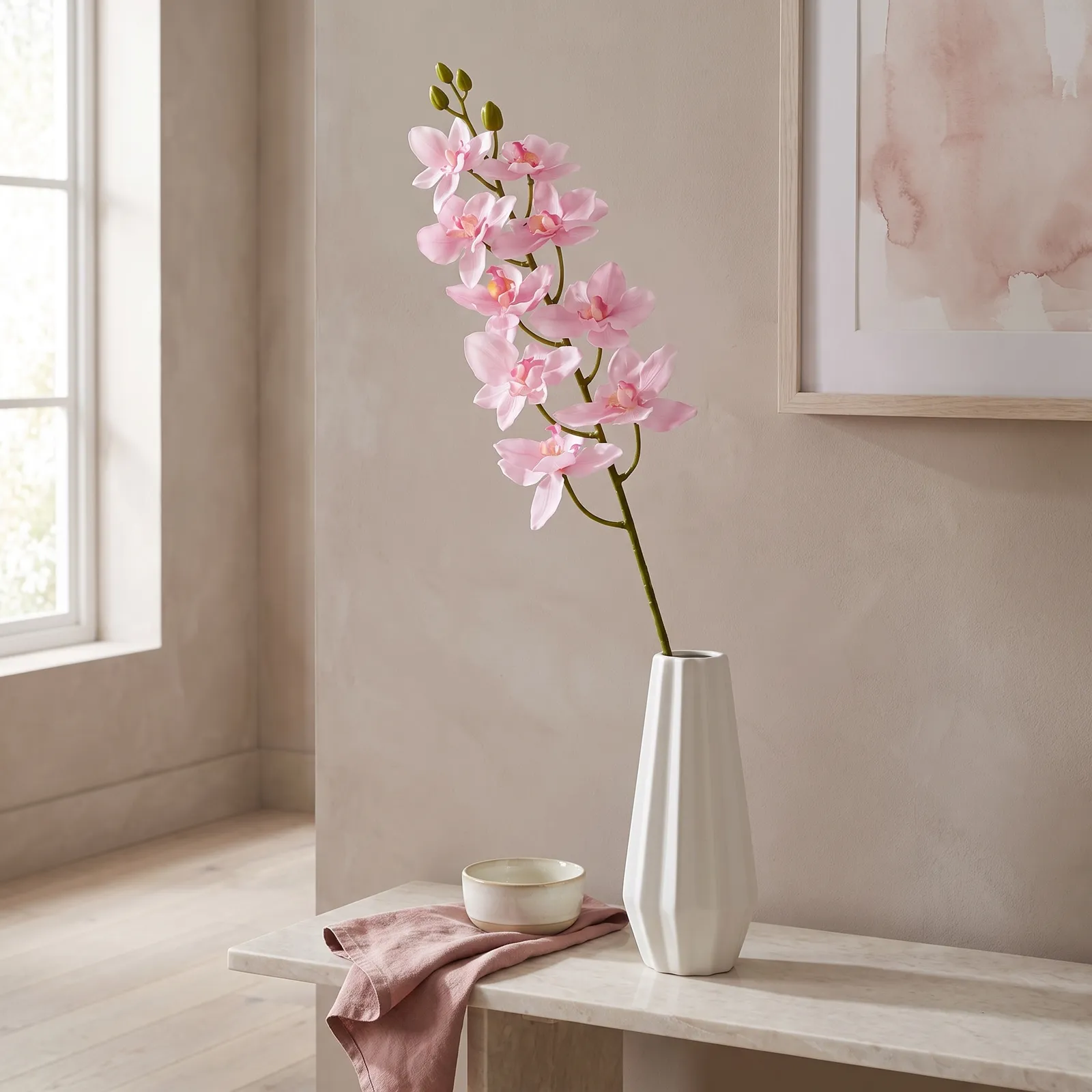 Ramo individual de orquídea artificial real al tacto rosado (108cm)