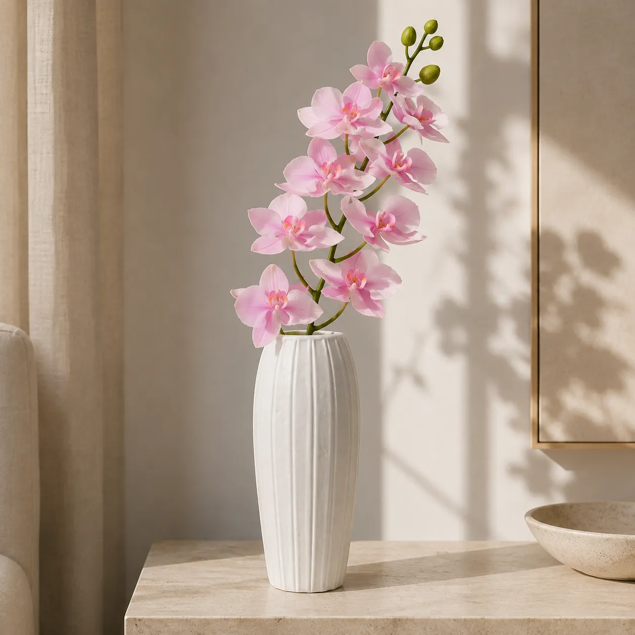 Ramo individual de orquídea artificial real al tacto rosado (108cm)