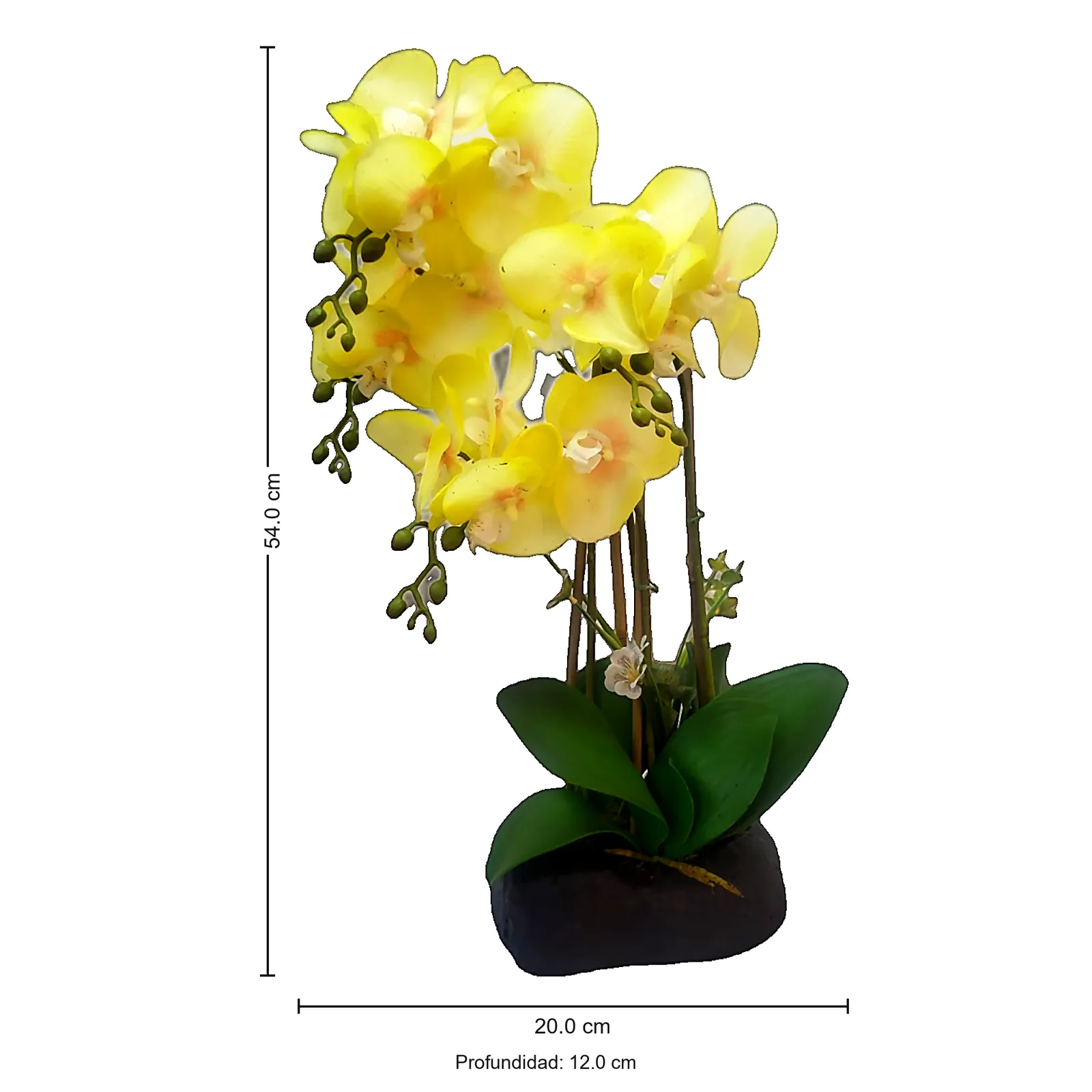 Orquídea artificial real al tacto amarilla en maceta roca negra (20*12*54cm)