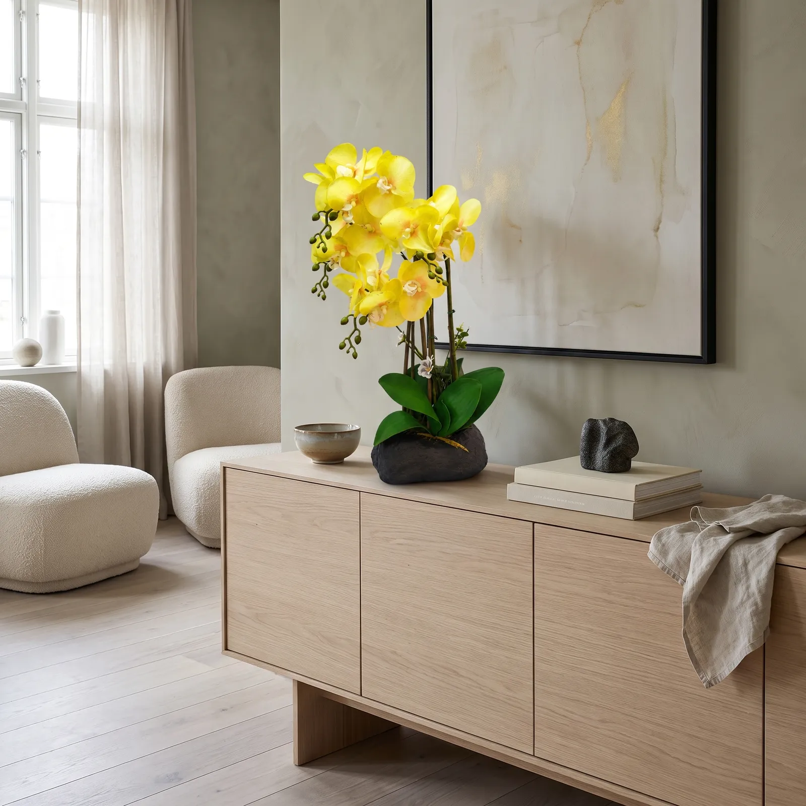 Orquídea artificial real al tacto amarilla en maceta roca negra (20*12*54cm)