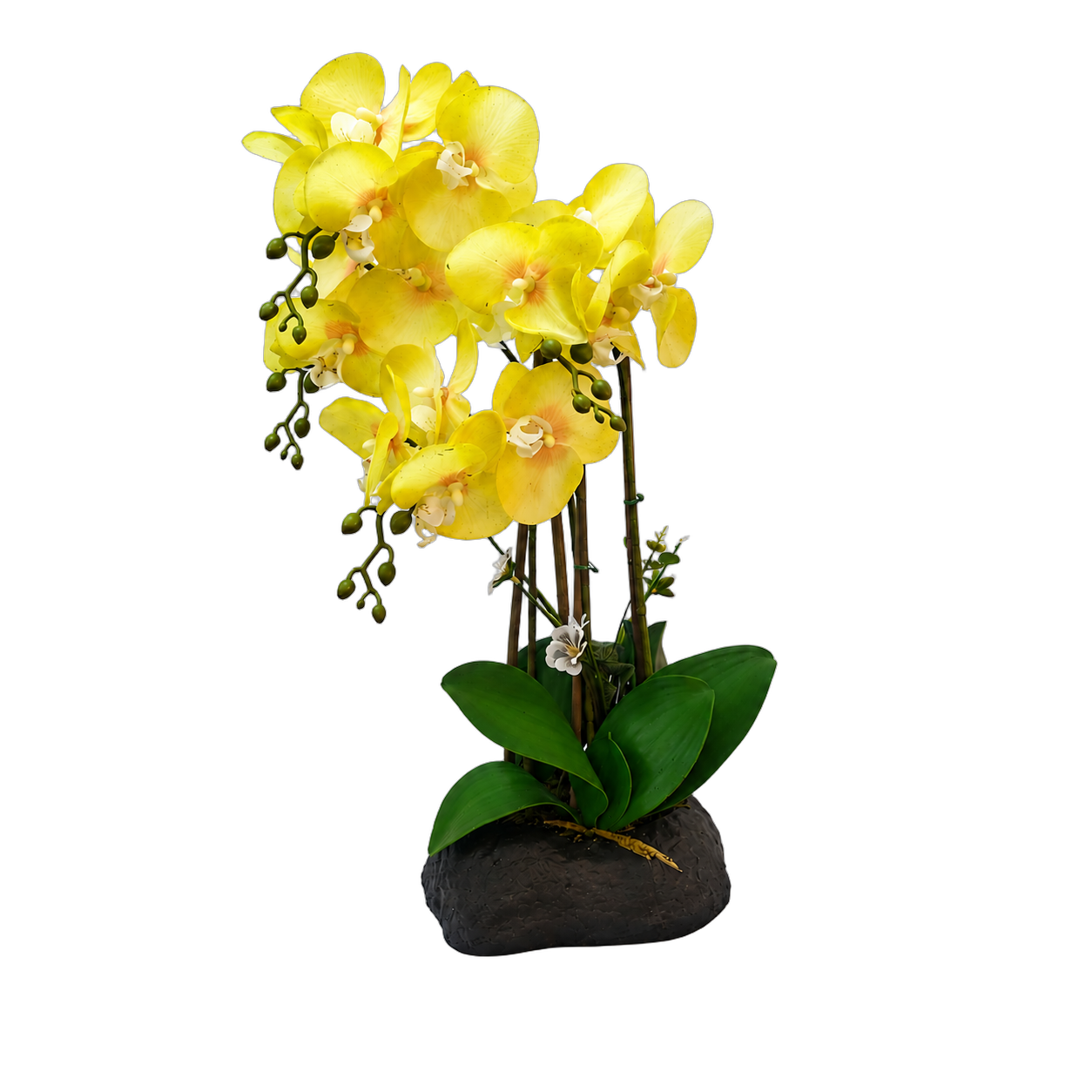 Orquídea artificial real al tacto amarilla en maceta roca negra (20*12*54cm)