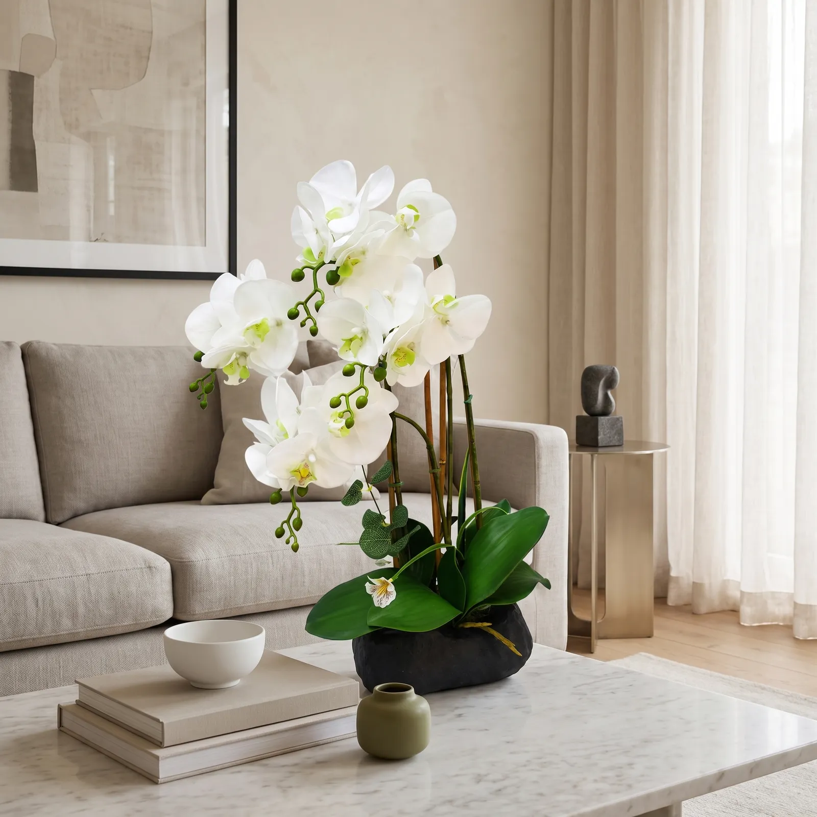 Orquídea artificial real al tacto blanco en maceta roca negra (20*12*54cm)