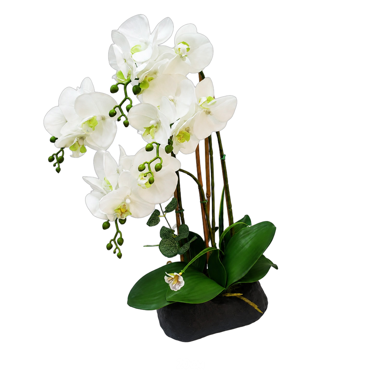 Orquídea artificial real al tacto blanco en maceta roca negra (20*12*54cm)