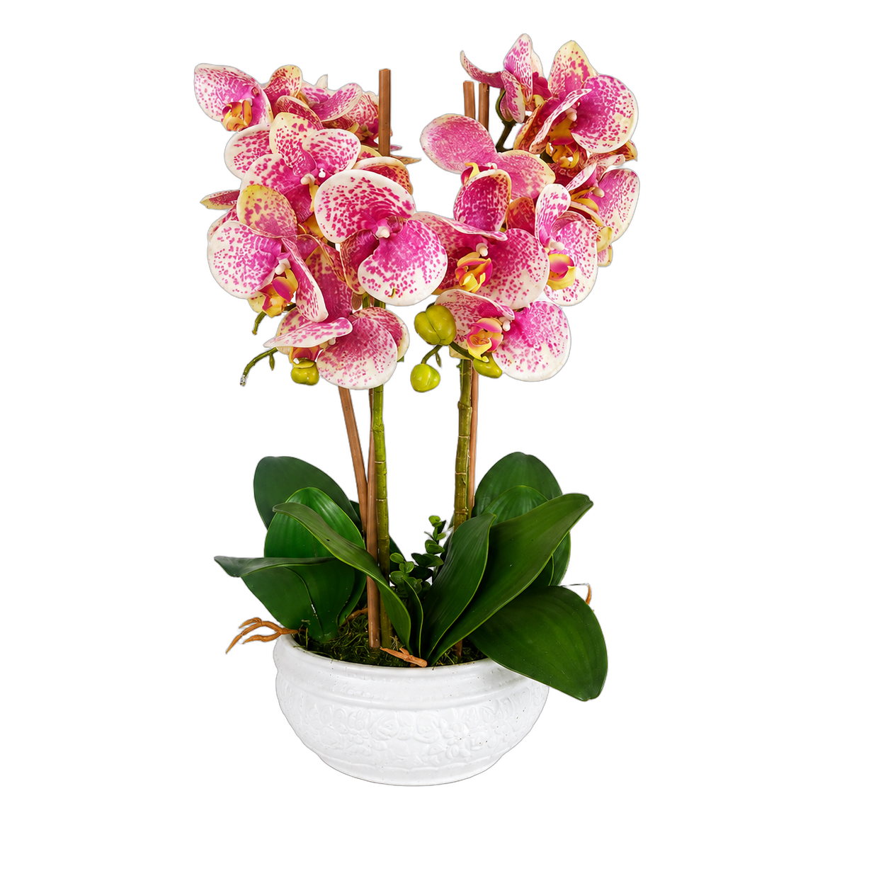 Orquídea artificial real al tacto color jaspeada 1 en maceta redonda blanca de cerámica (20*60cm)