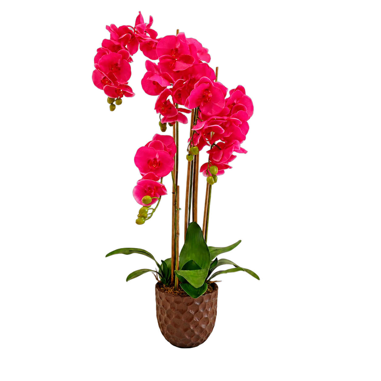Orquídea artificial real al tacto color fucsia en maceta café de cerámica (21*111cm)