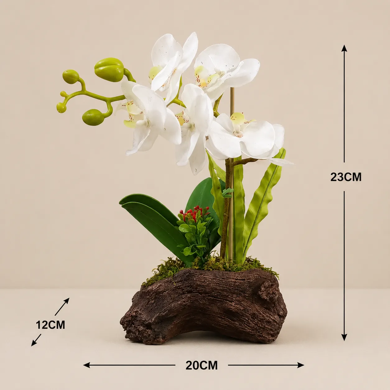 Orquídea artificial real al tacto color blanco en maceta de tronco de madera de cerámica (20*12*23cm)