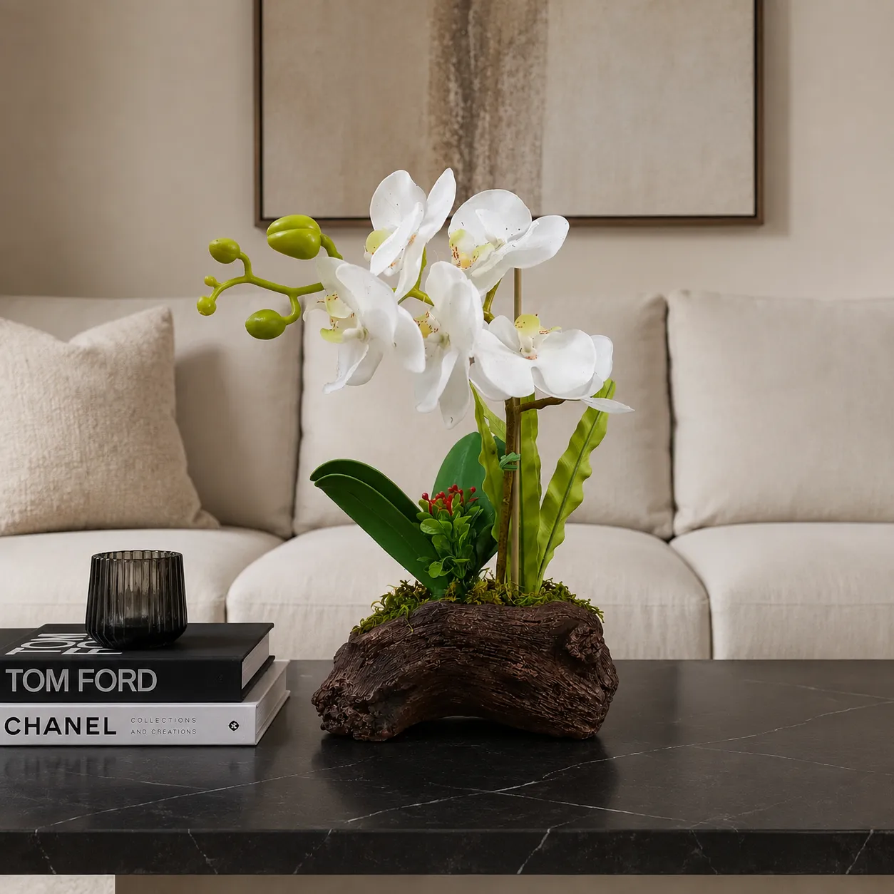 Orquídea artificial real al tacto color blanco en maceta de tronco de madera de cerámica (20*12*23cm)