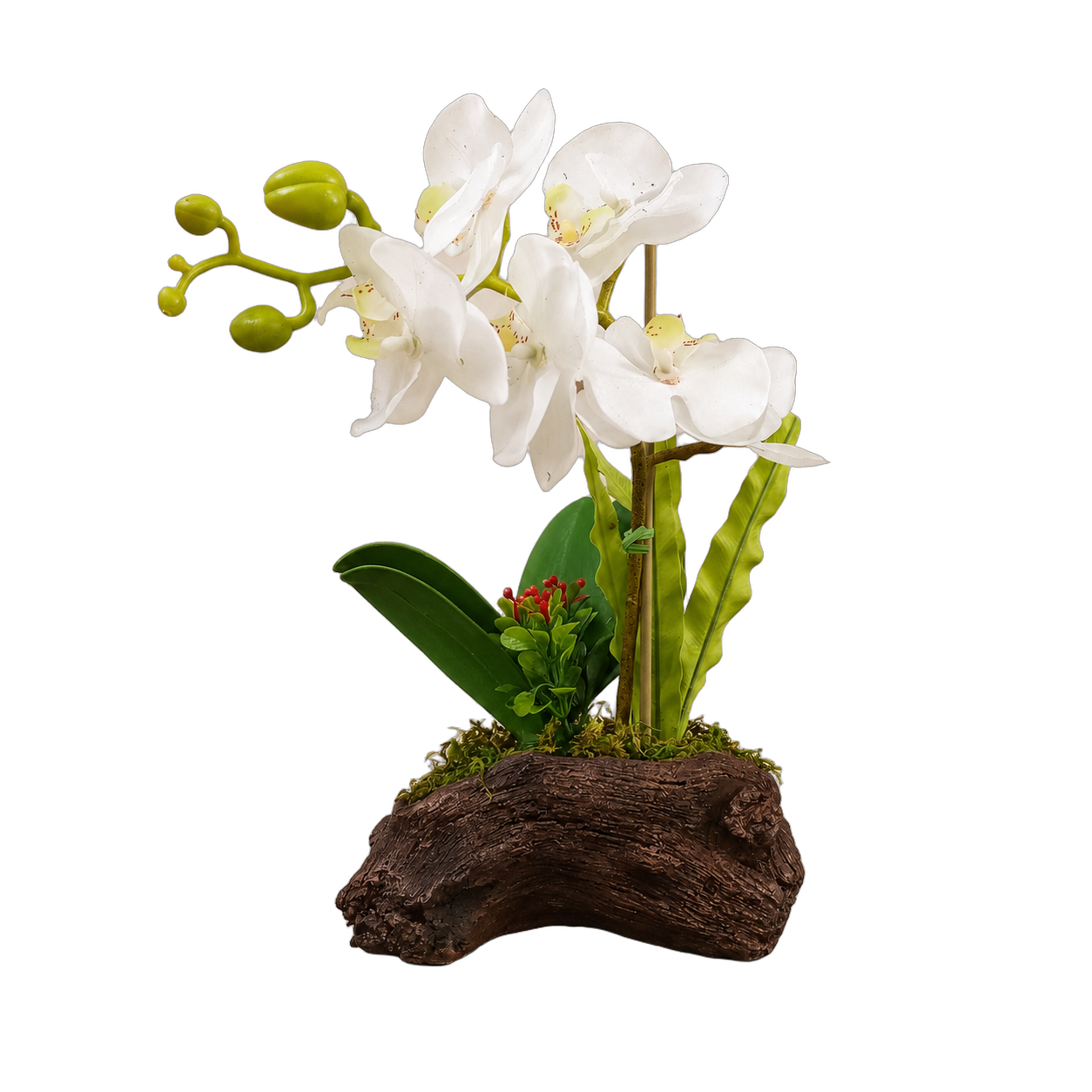 Orquídea artificial real al tacto color blanco en maceta de tronco de madera de cerámica (20*12*23cm)