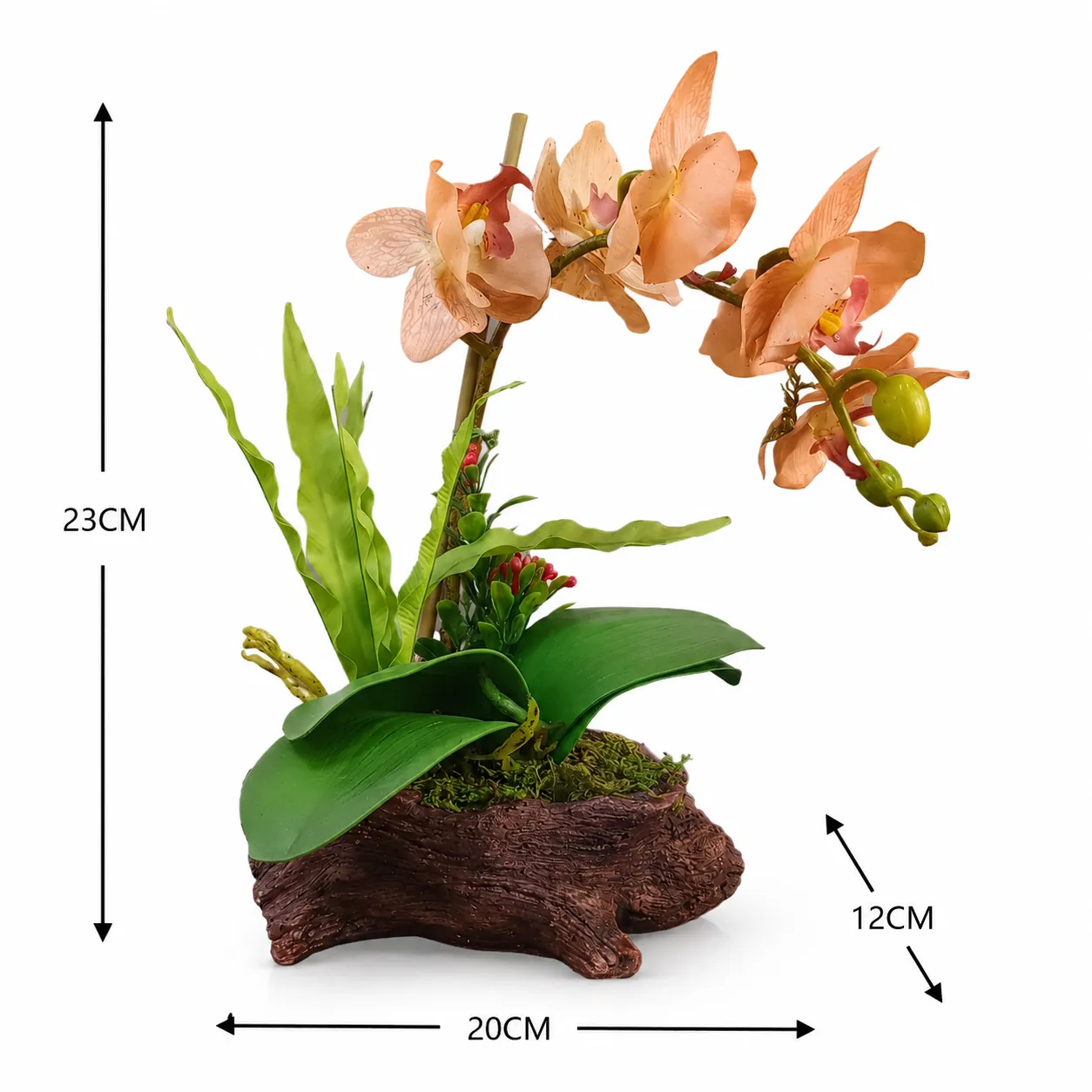 Orquídea artificial real al tacto color durazno en maceta de tronco de madera de cerámica (20*12*23cm)