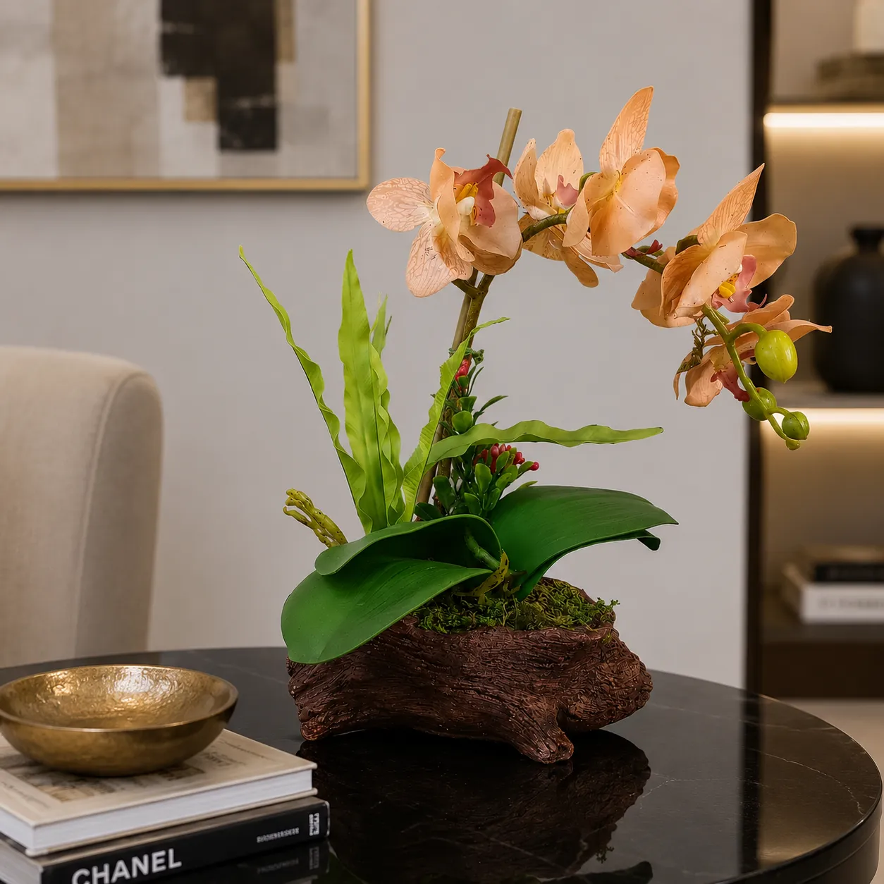 Orquídea artificial real al tacto color durazno en maceta de tronco de madera de cerámica (20*12*23cm)