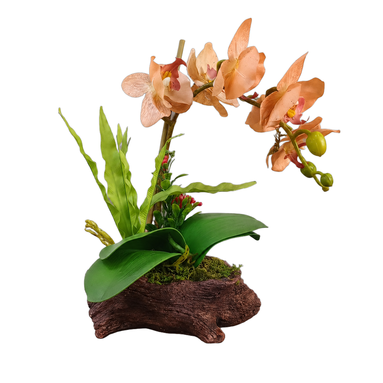 Orquídea artificial real al tacto color durazno en maceta de tronco de madera de cerámica (20*12*23cm)