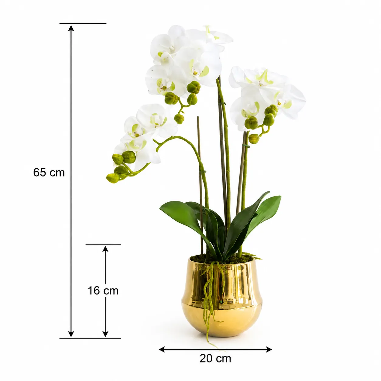 Orquídea artificial real al tacto color blanca en maceta redonda dorada de cerámica (20*65cm)