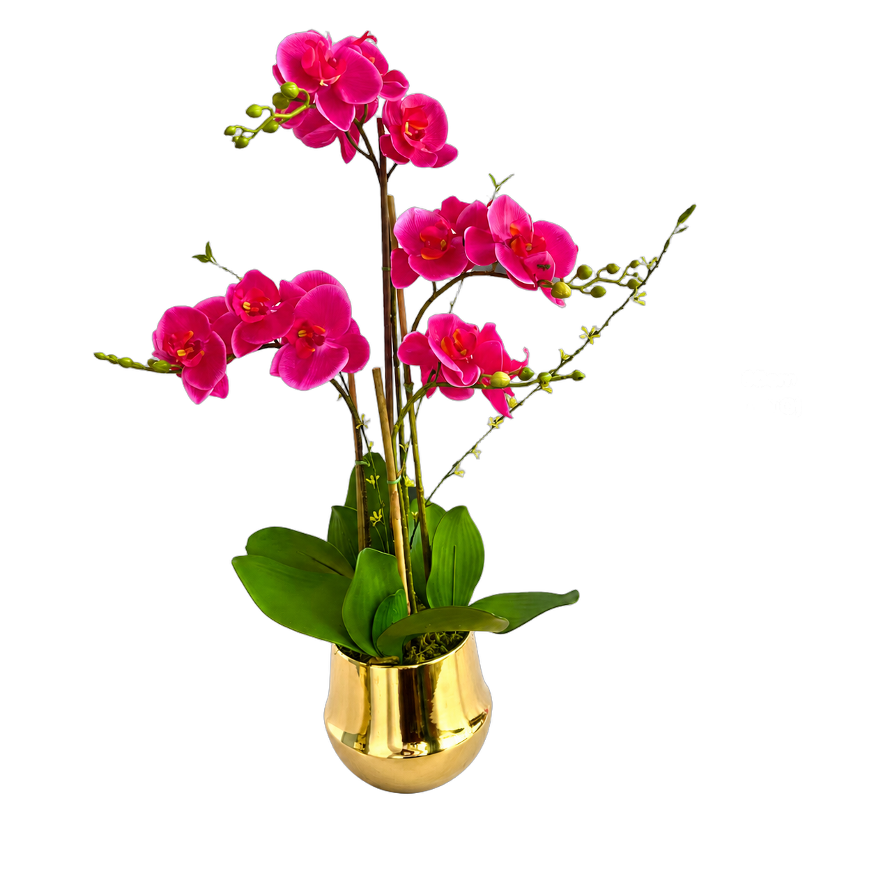 Orquídea artificial real al tacto color fucsia en maceta redonda dorada de cerámica (20*65cm)