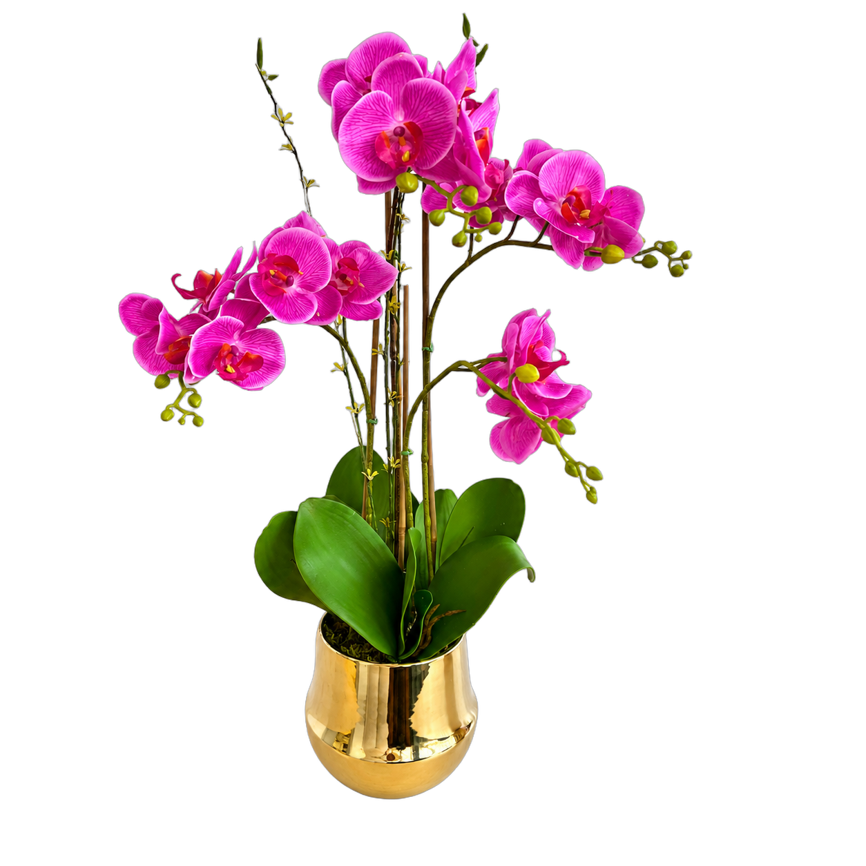 Orquídea artificial real al tacto color morado en maceta redonda dorada de cerámica (20*65cm)