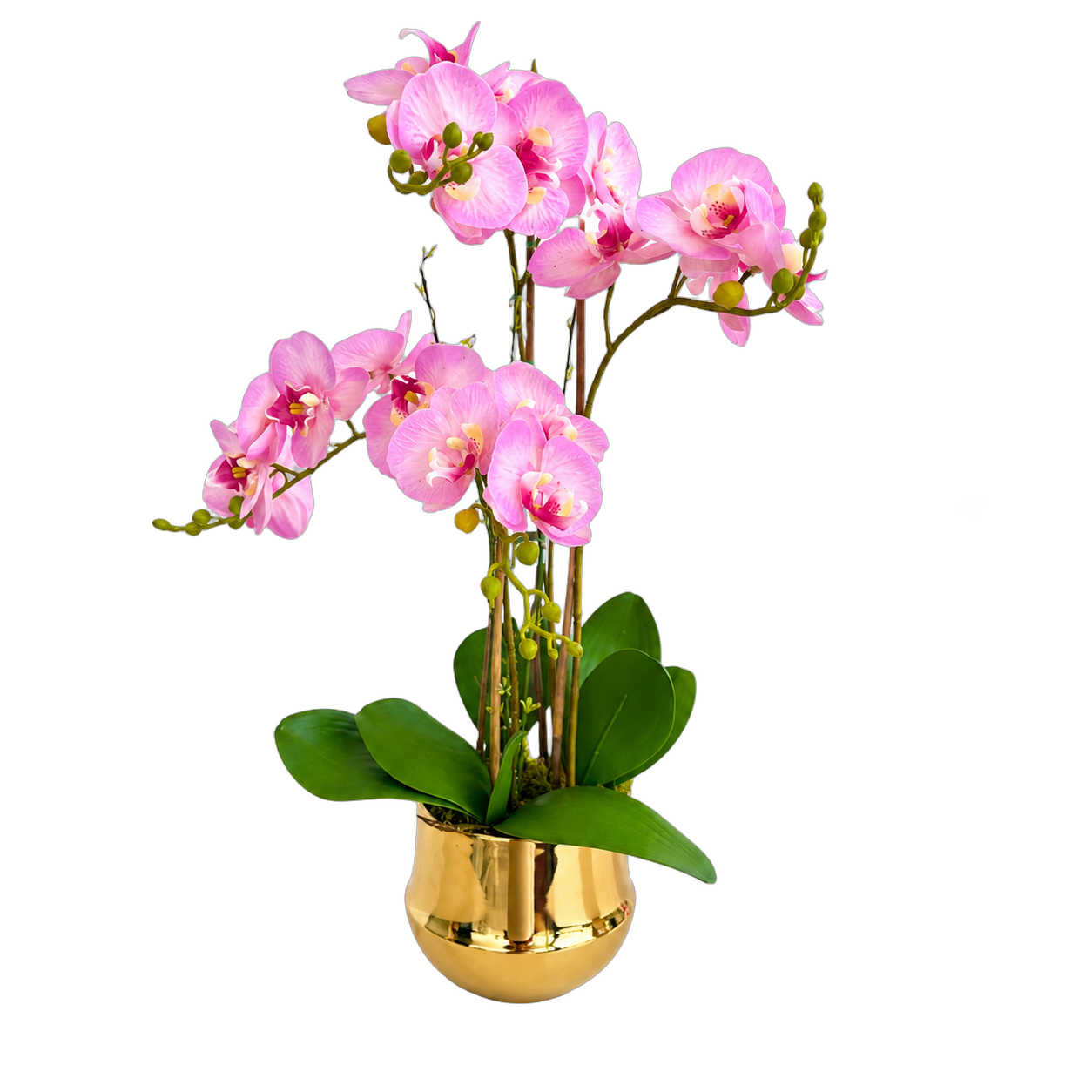 Orquídea artificial real al tacto color rosado en maceta redonda dorada de cerámica (20*65cm)