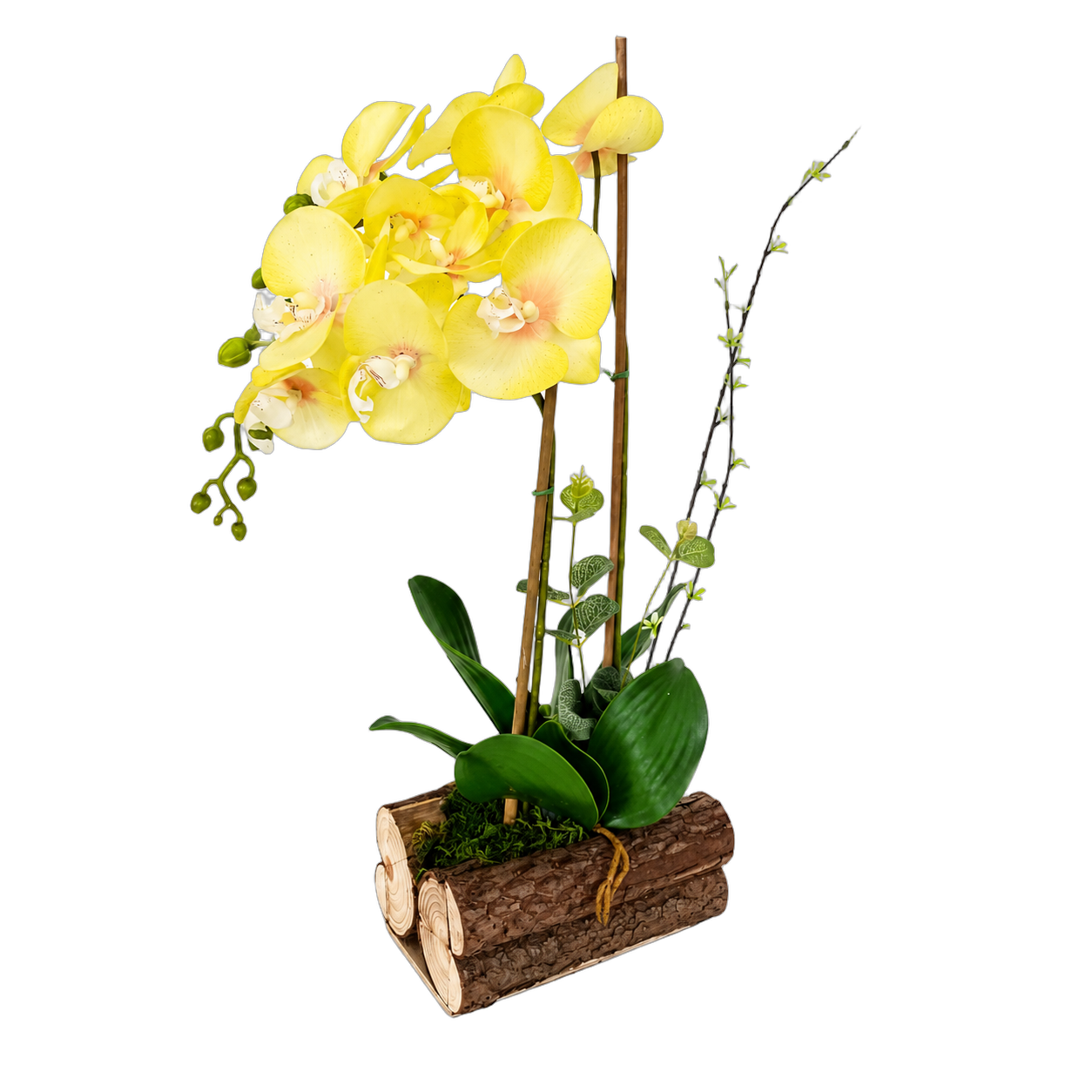 Orquídea artificial real al tacto color amarillo en base madera rústica (20*13*54cm)