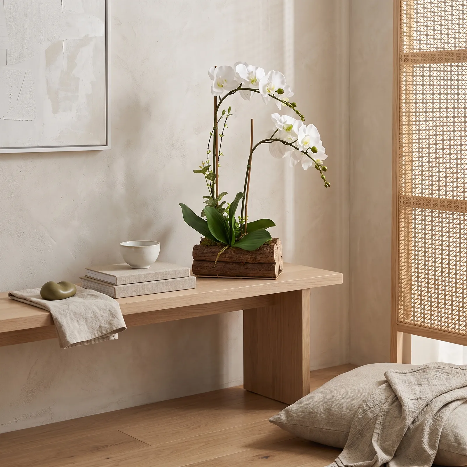 Orquídea artificial real al tacto color blanco en base madera rústica (20*13*54cm)