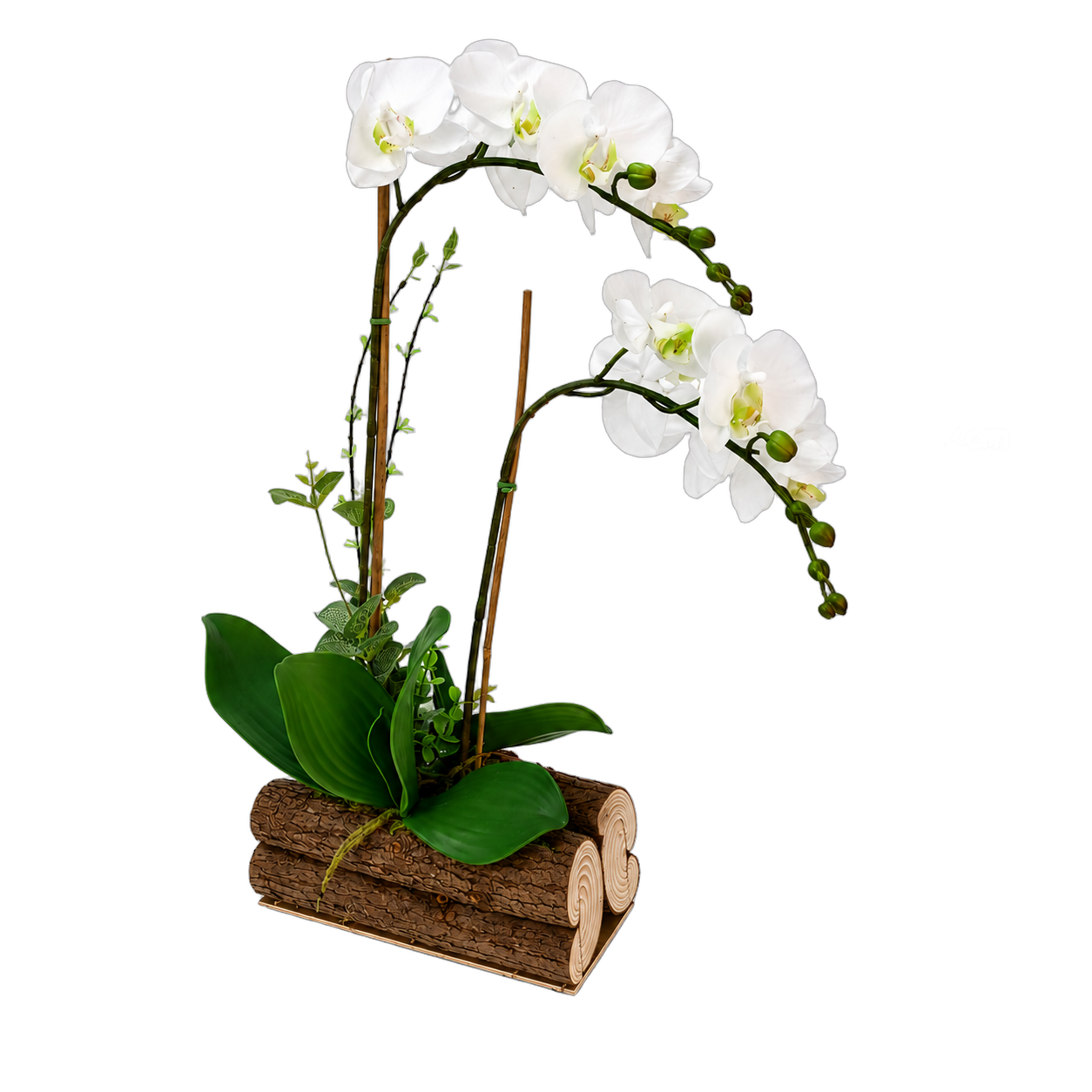 Orquídea artificial real al tacto color blanco en base madera rústica (20*13*54cm)