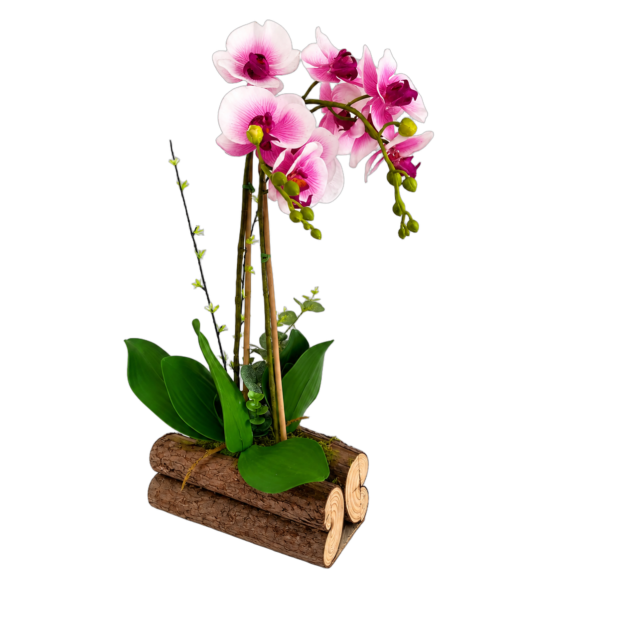 Orquídea artificial real al tacto color blanco con rosado en base madera rústica (20*13*54cm)