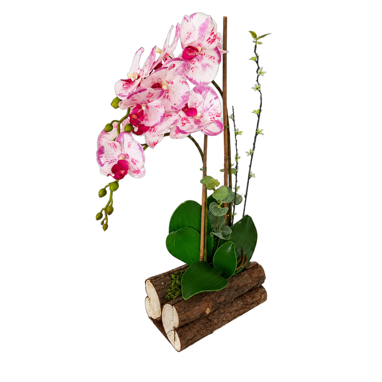 Orquídea artificial real al tacto color jaspeada 2 en base madera rústica (20*13*54cm)