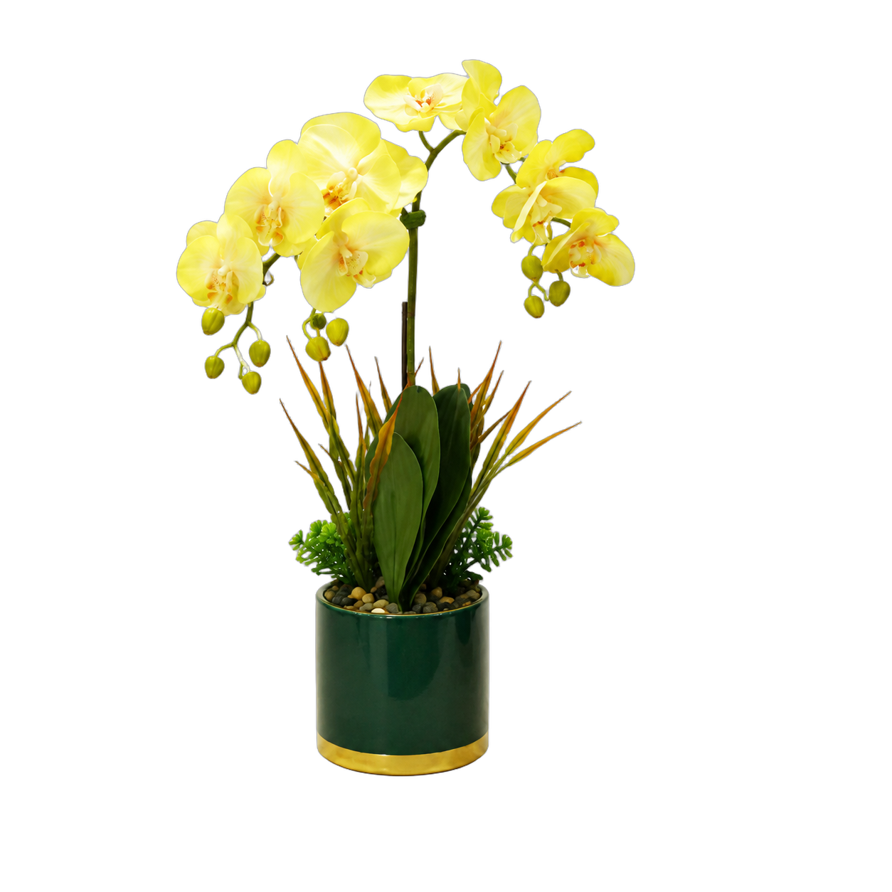 Orquídea artificial real al tacto color amarillo en maceta redonda verde con filos dorados de cerámica (12.5*57cm)