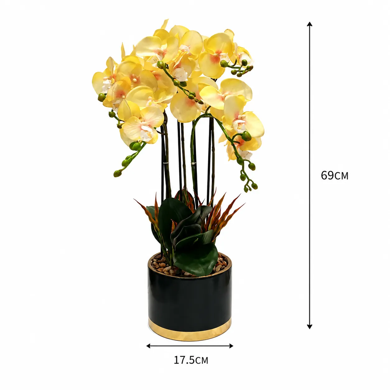 Orquídea artificial real al tacto color amarilla en maceta redonda azul con filos dorados de cerámica (17.5*69cm)